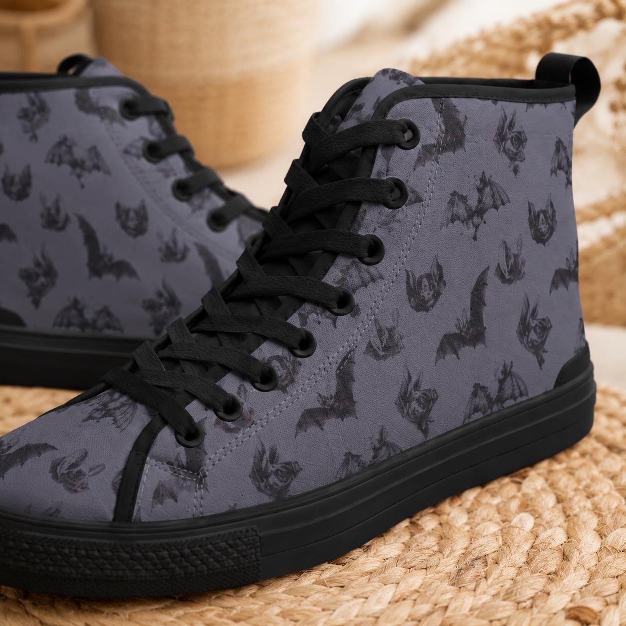 Gothic High Top Sneakers, Charcoal Dark Botanical Print Canvas Trainers