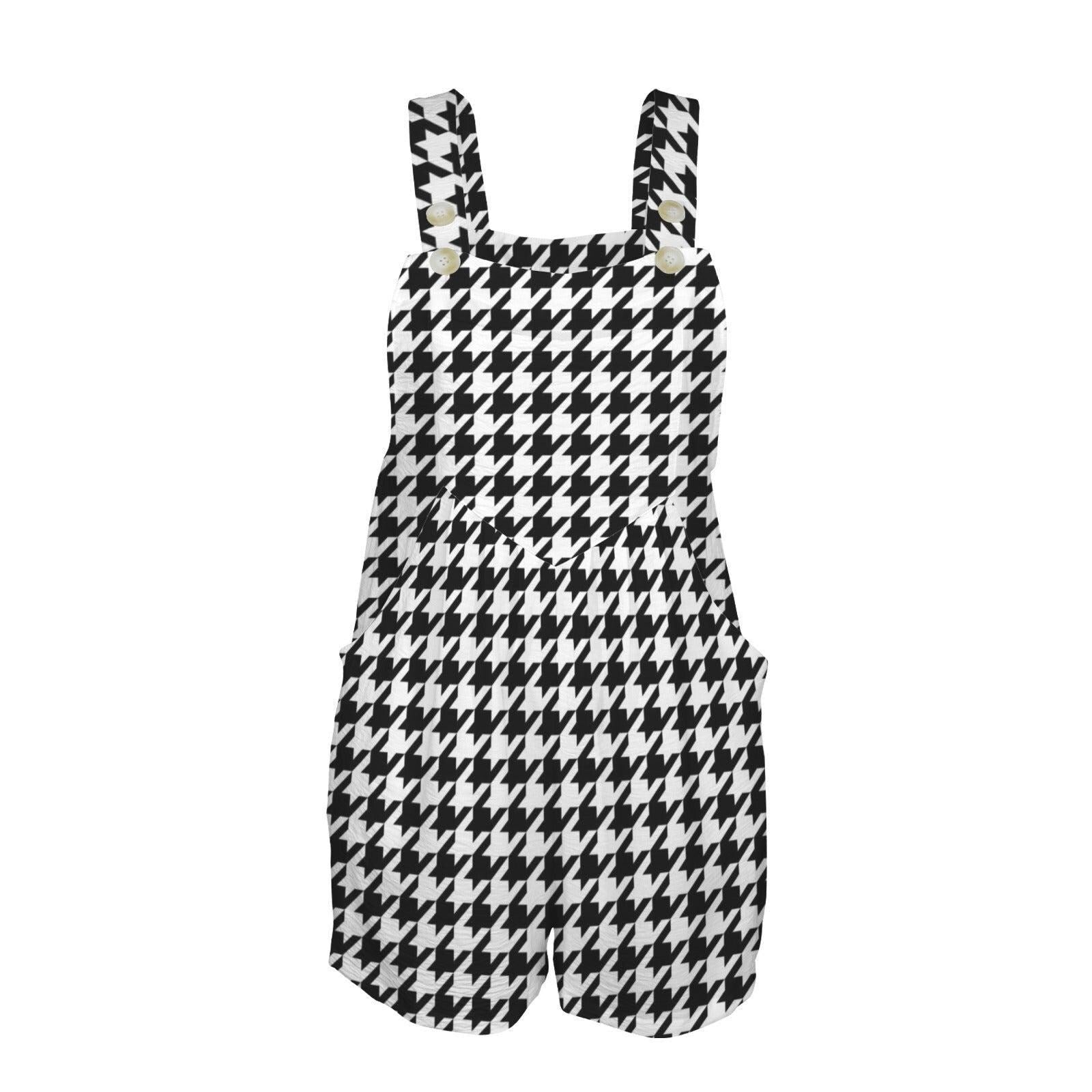 Houndstooth Overall Romper, Black White Checker Short Jumpsuit, Retro Streetwear