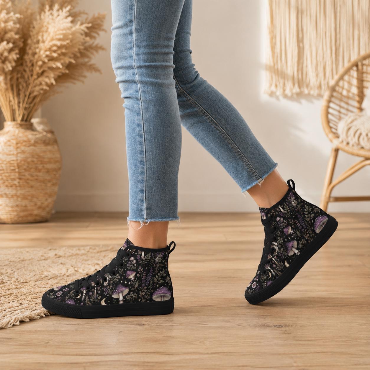 Mushroom Moon High Top Canvas Sneakers, Witchy Forest Print Lace Up Shoes