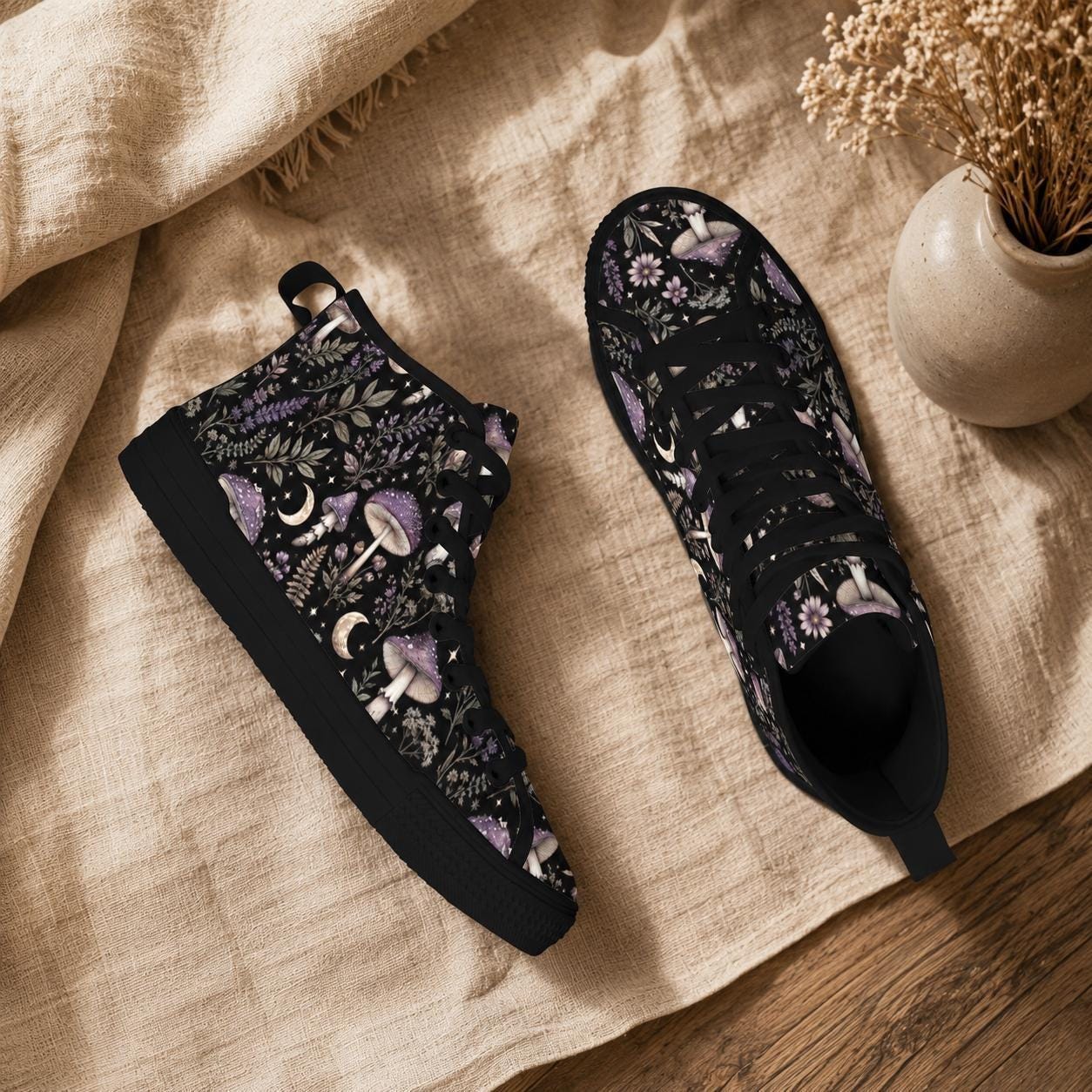 Mushroom Moon High Top Canvas Sneakers, Witchy Forest Print Lace Up Shoes
