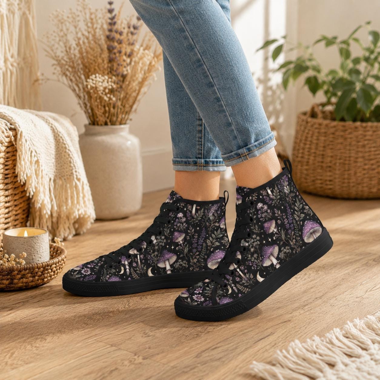 Mushroom Moon High Top Canvas Sneakers, Witchy Forest Print Lace Up Shoes