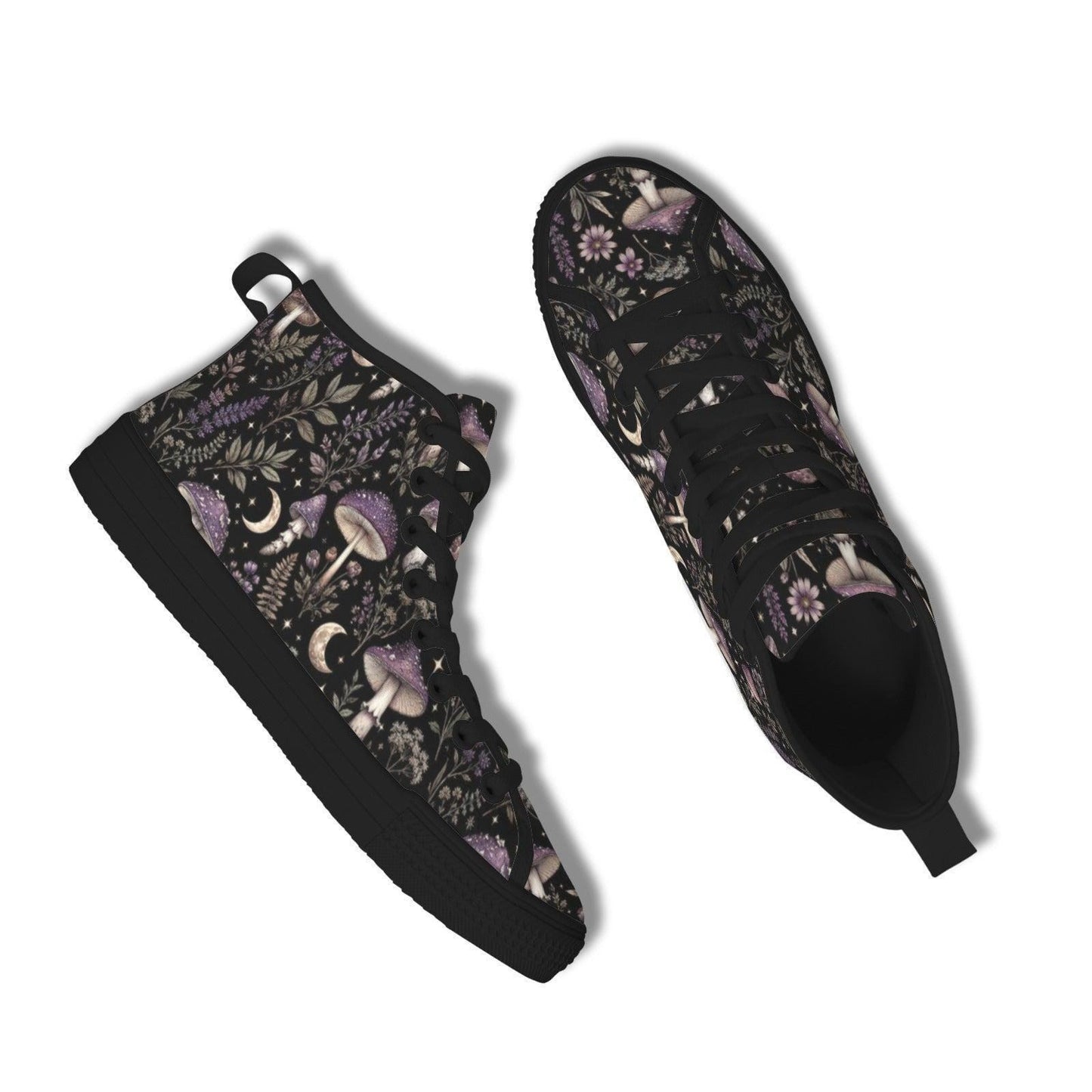 Mushroom Moon High Top Canvas Sneakers, Witchy Forest Print Lace Up Shoes