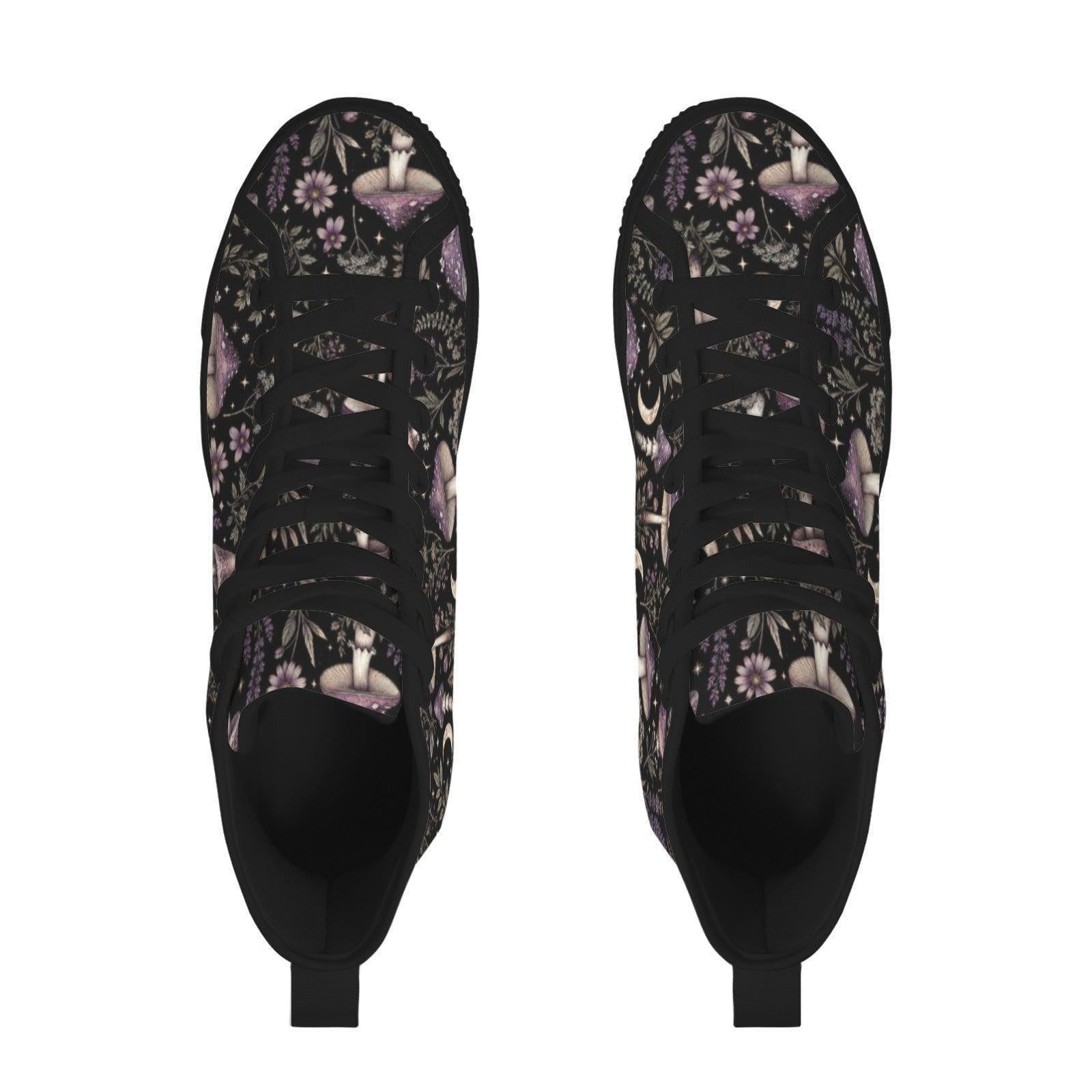 Mushroom Moon High Top Canvas Sneakers, Witchy Forest Print Lace Up Shoes