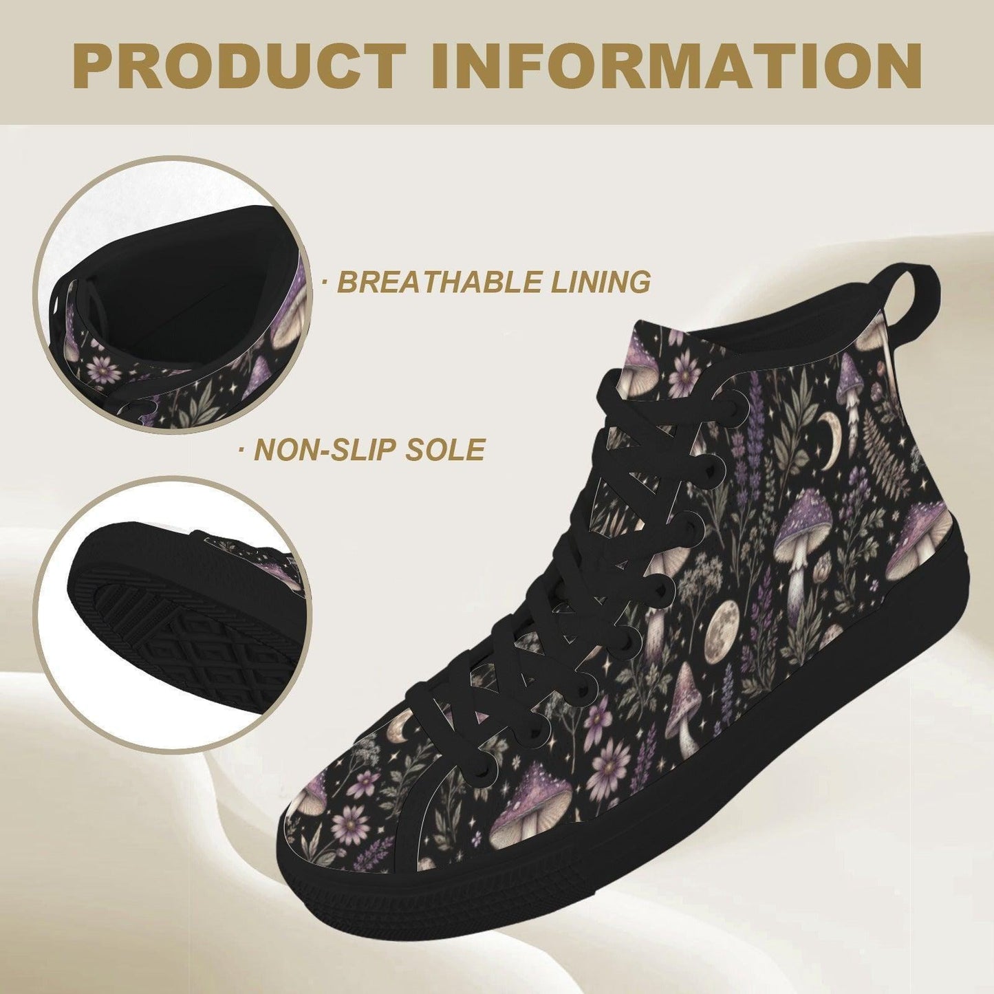 Mushroom Moon High Top Canvas Sneakers, Witchy Forest Print Lace Up Shoes