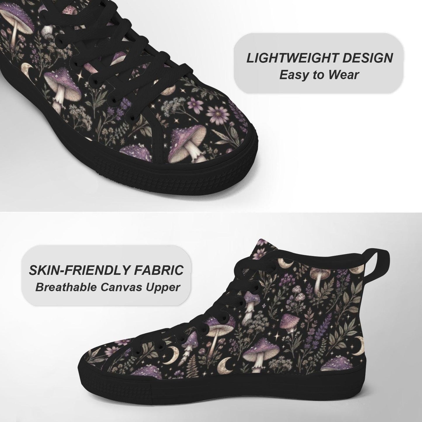 Mushroom Moon High Top Canvas Sneakers, Witchy Forest Print Lace Up Shoes