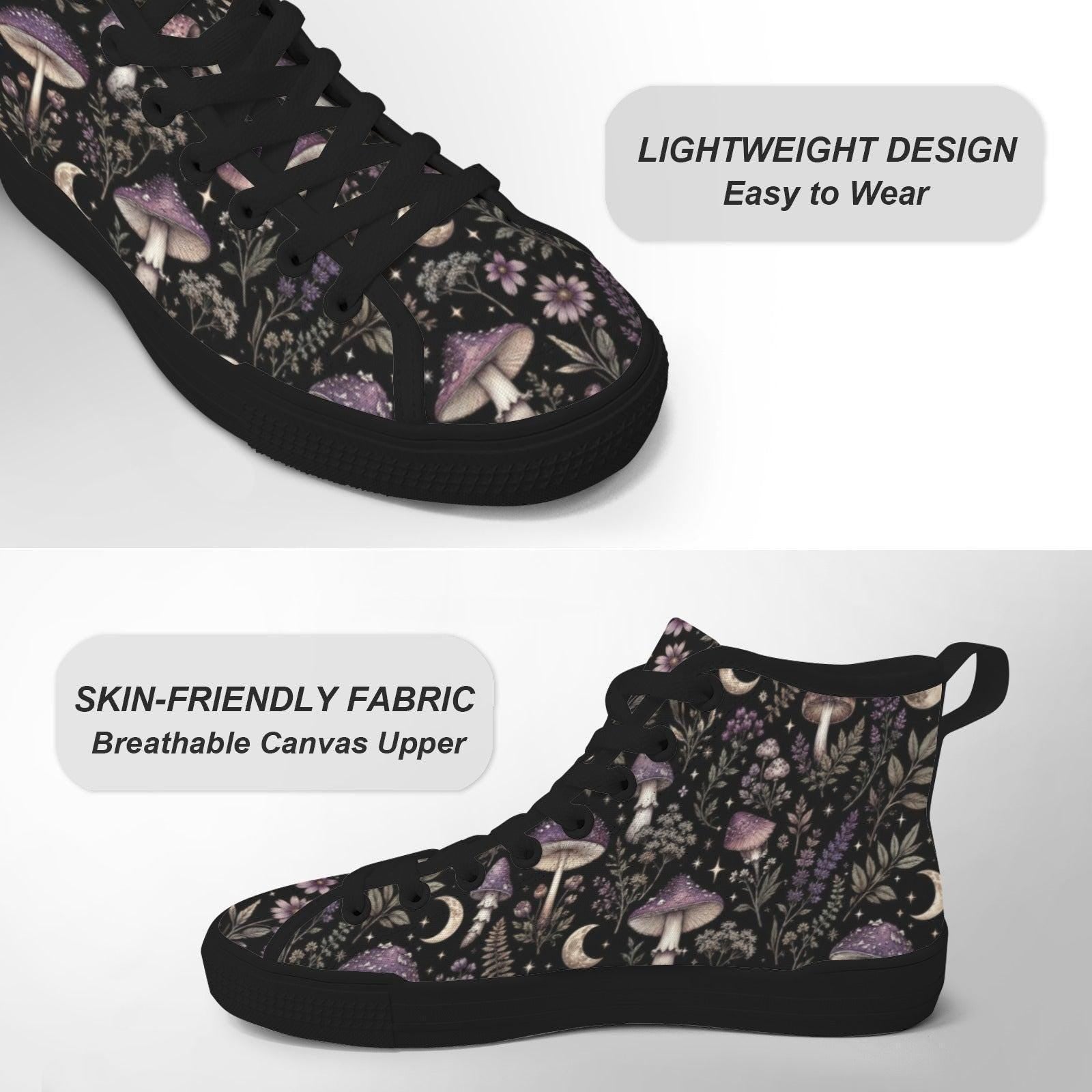 Mushroom Moon High Top Canvas Sneakers, Witchy Forest Print Lace Up Shoes