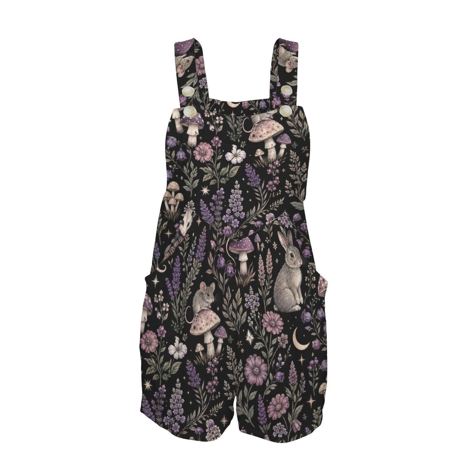 Mushroom Pinafore Apron, Black Botanical Rabbit Print, Cottagecore Kitchen Gardening Studio Wear