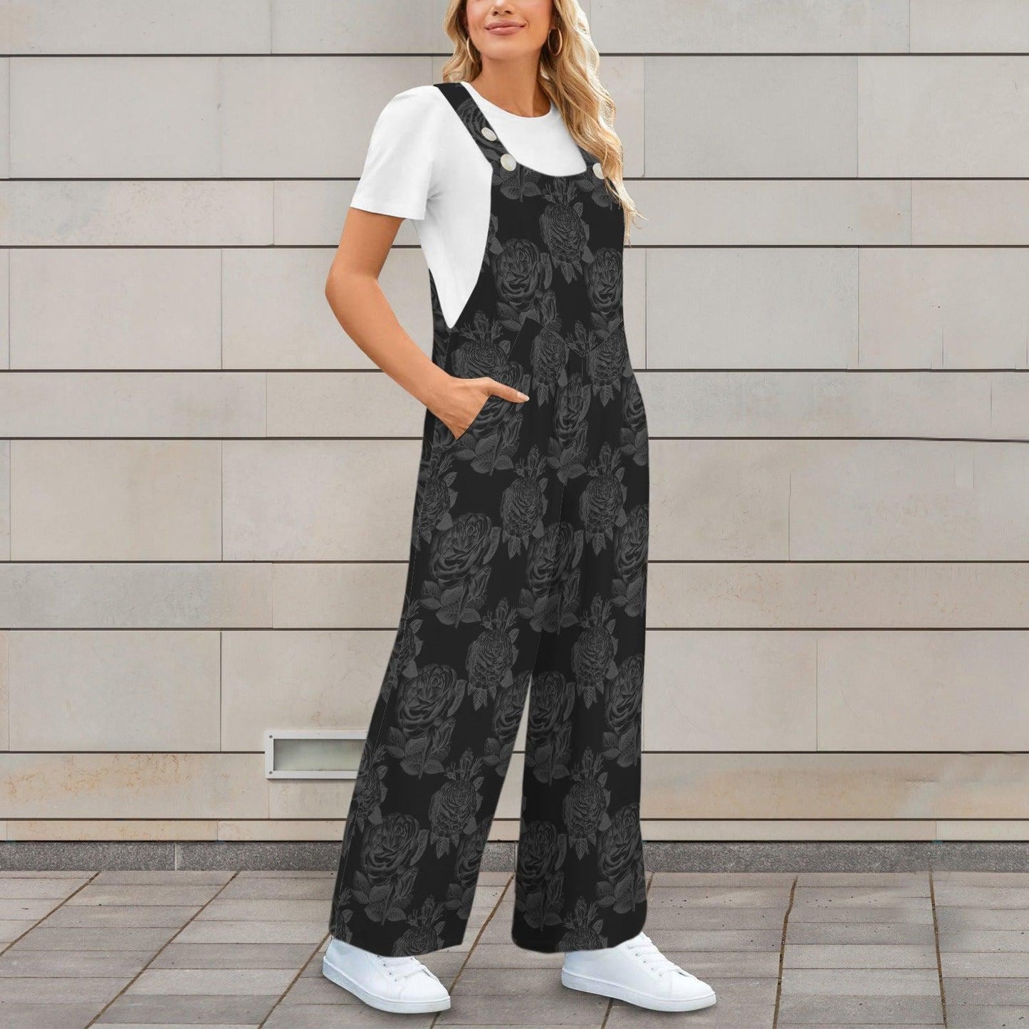 Gothic Floral Wide Leg Jumpsuit, Dark Rose Print Overalls With Pockets
