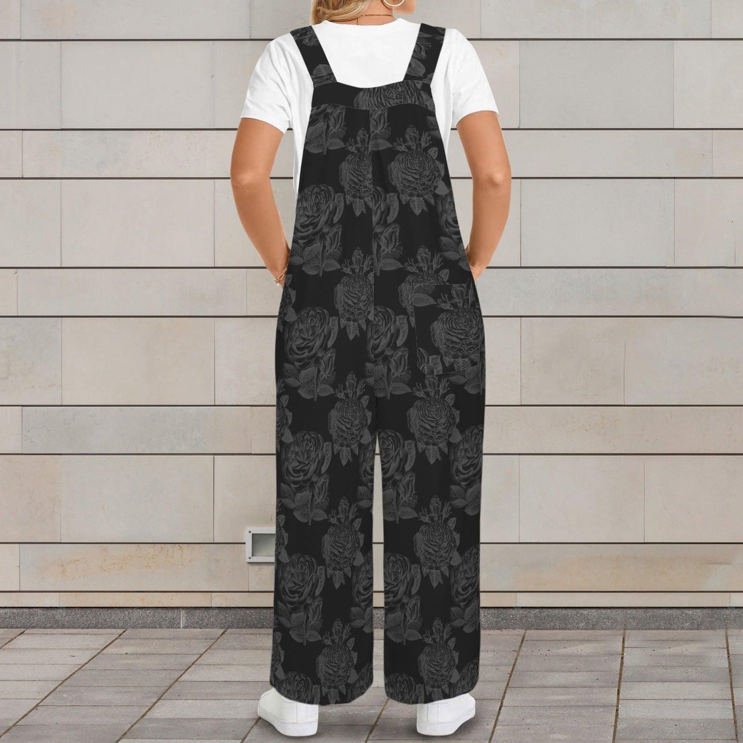 Gothic Floral Wide Leg Jumpsuit, Dark Rose Print Overalls With Pockets
