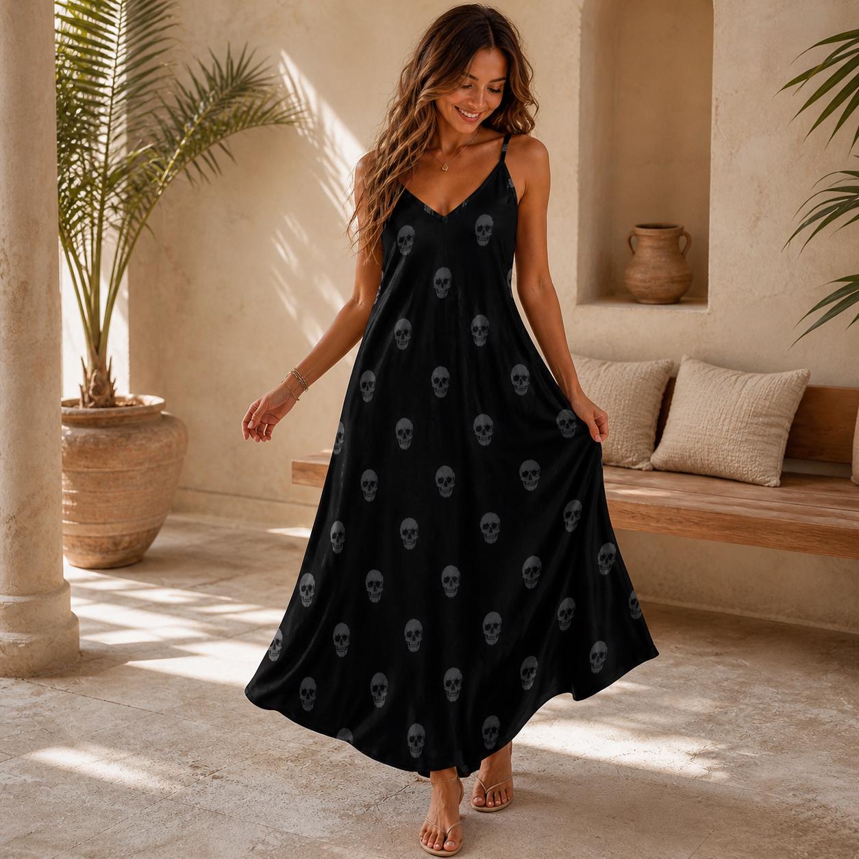 Black skull print maxi dress, spooky boho sundress, goth slip dress, Halloween casual summer outfit