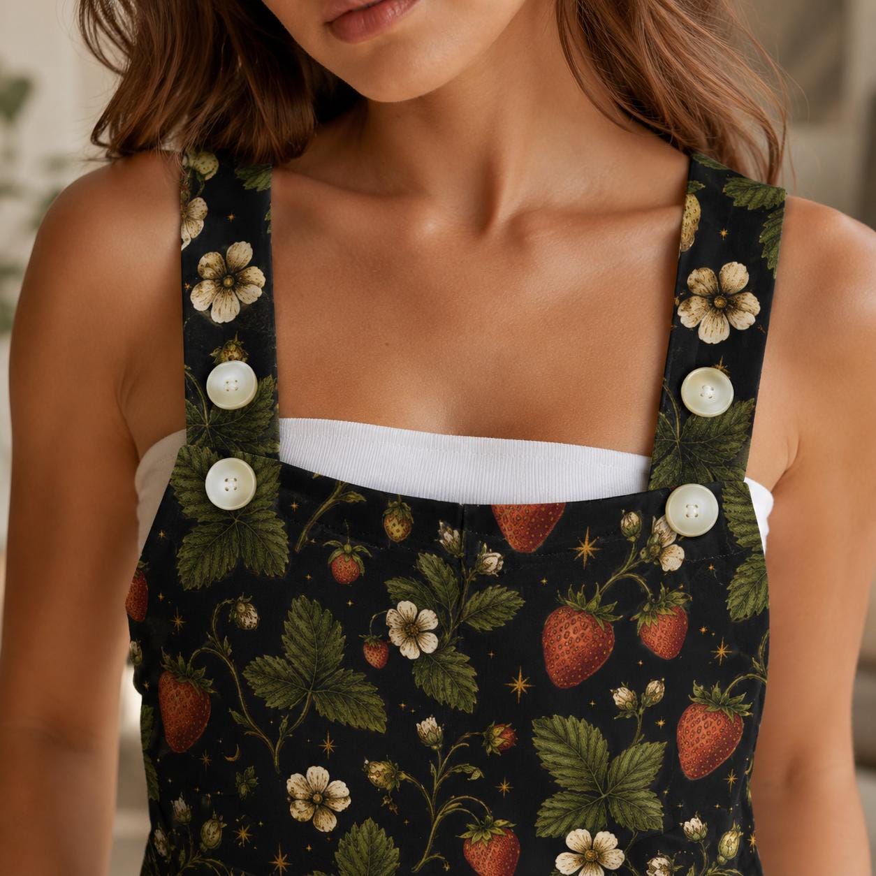 Strawberry Botanical Print Shortalls, Cottagecore Button Strap Summer Playsuit