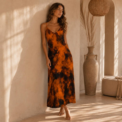 Halloween Maxi Dress, Orange Black Tie Dye Slip Dress, Witchy Fall Outfit for Women
