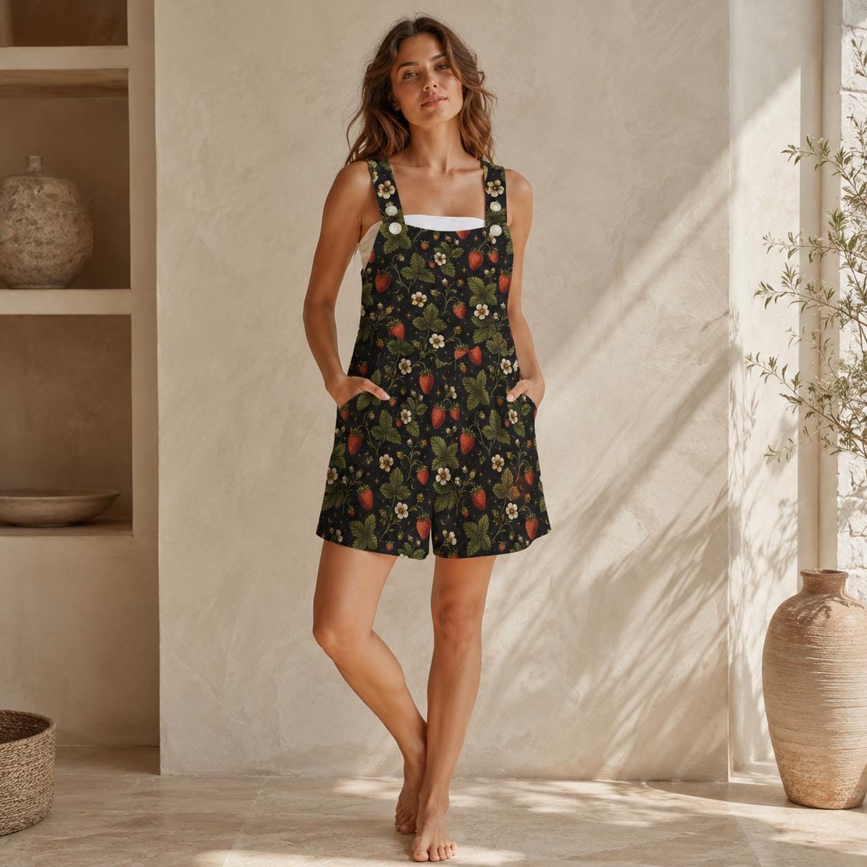 Strawberry Botanical Print Shortalls, Cottagecore Button Strap Summer Playsuit