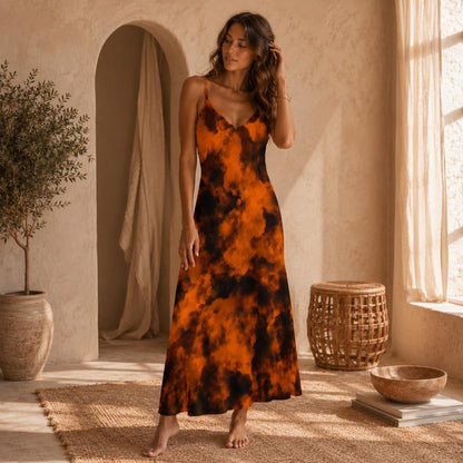 Halloween Maxi Dress, Orange Black Tie Dye Slip Dress, Witchy Fall Outfit for Women