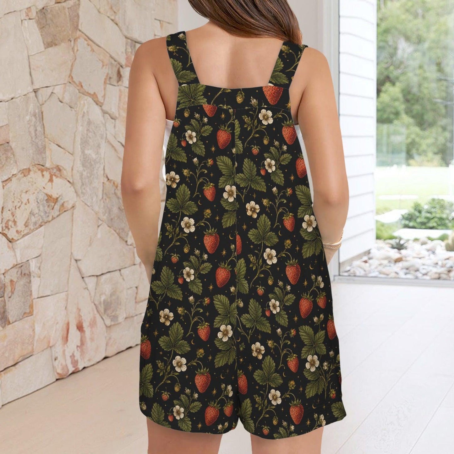 Strawberry Botanical Print Shortalls, Cottagecore Button Strap Summer Playsuit