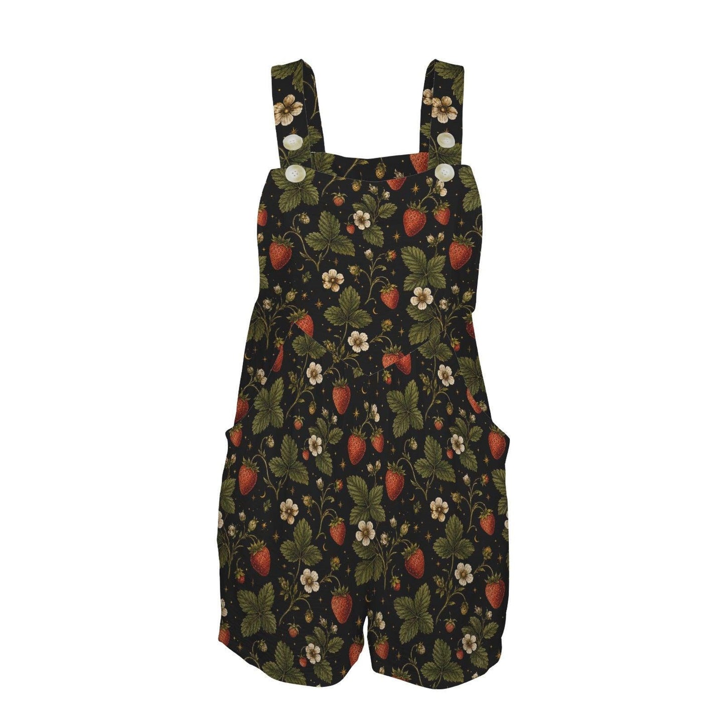 Strawberry Botanical Print Shortalls, Cottagecore Button Strap Summer Playsuit