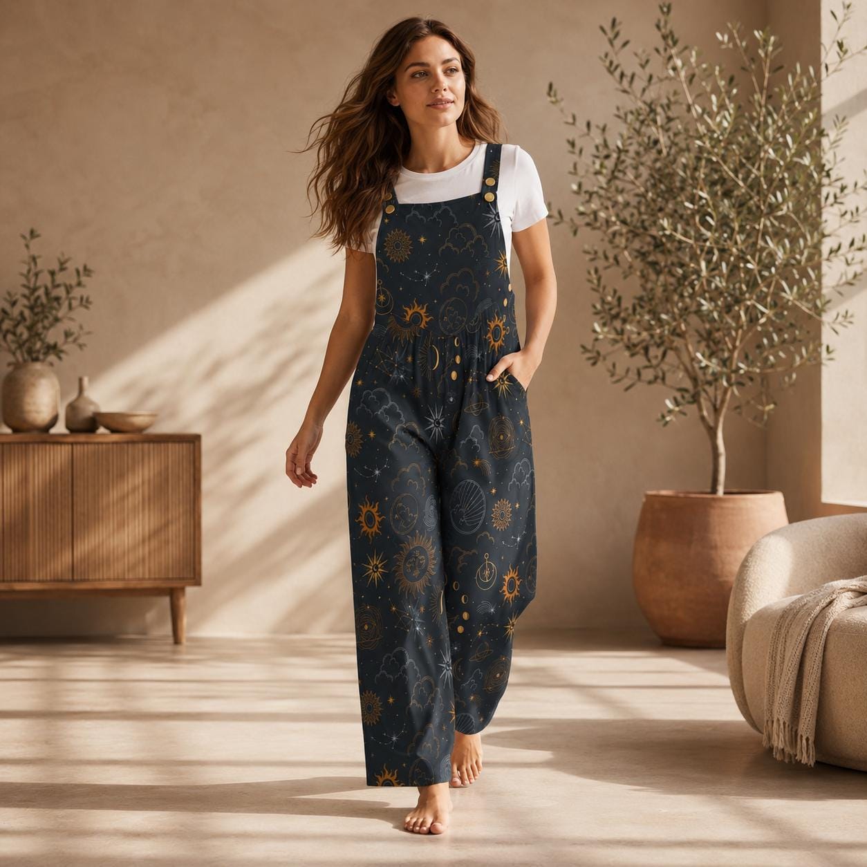 Celestial Wide Leg Jumpsuit, Black Moon Sun Astrology Print Overalls