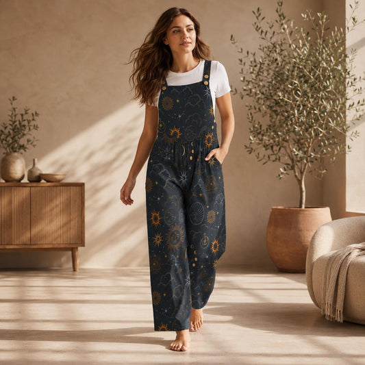 Celestial Wide Leg Jumpsuit, Black Moon Sun Astrology Print Overalls