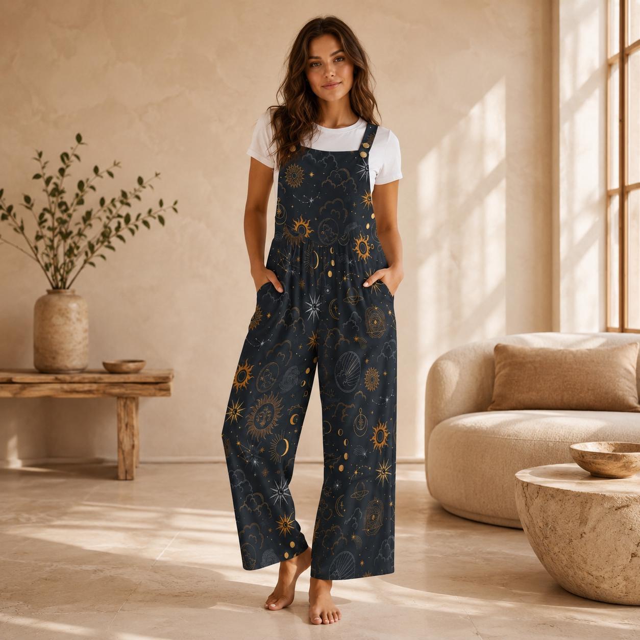 Celestial Wide Leg Jumpsuit, Black Moon Sun Astrology Print Overalls