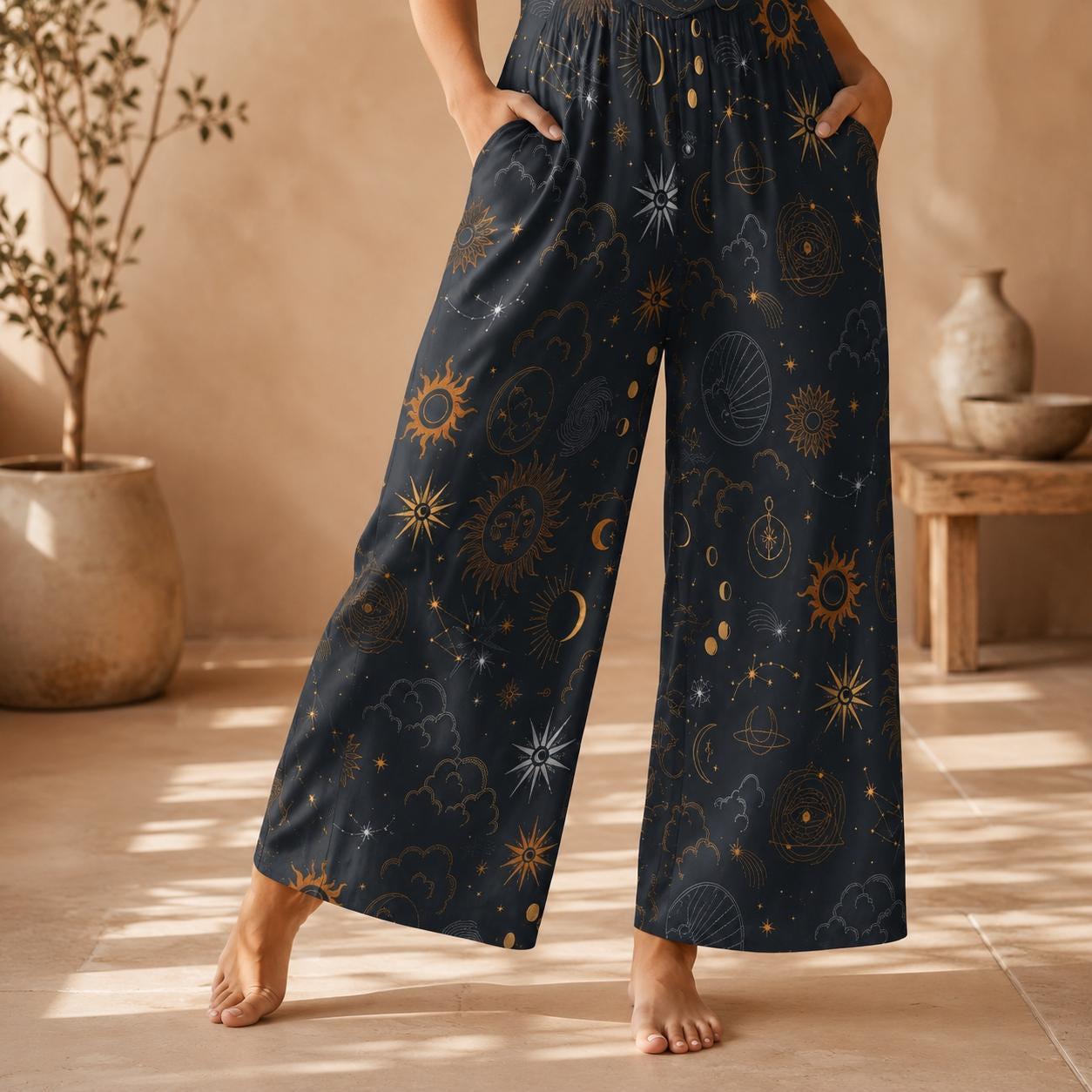 Celestial Wide Leg Jumpsuit, Black Moon Sun Astrology Print Overalls