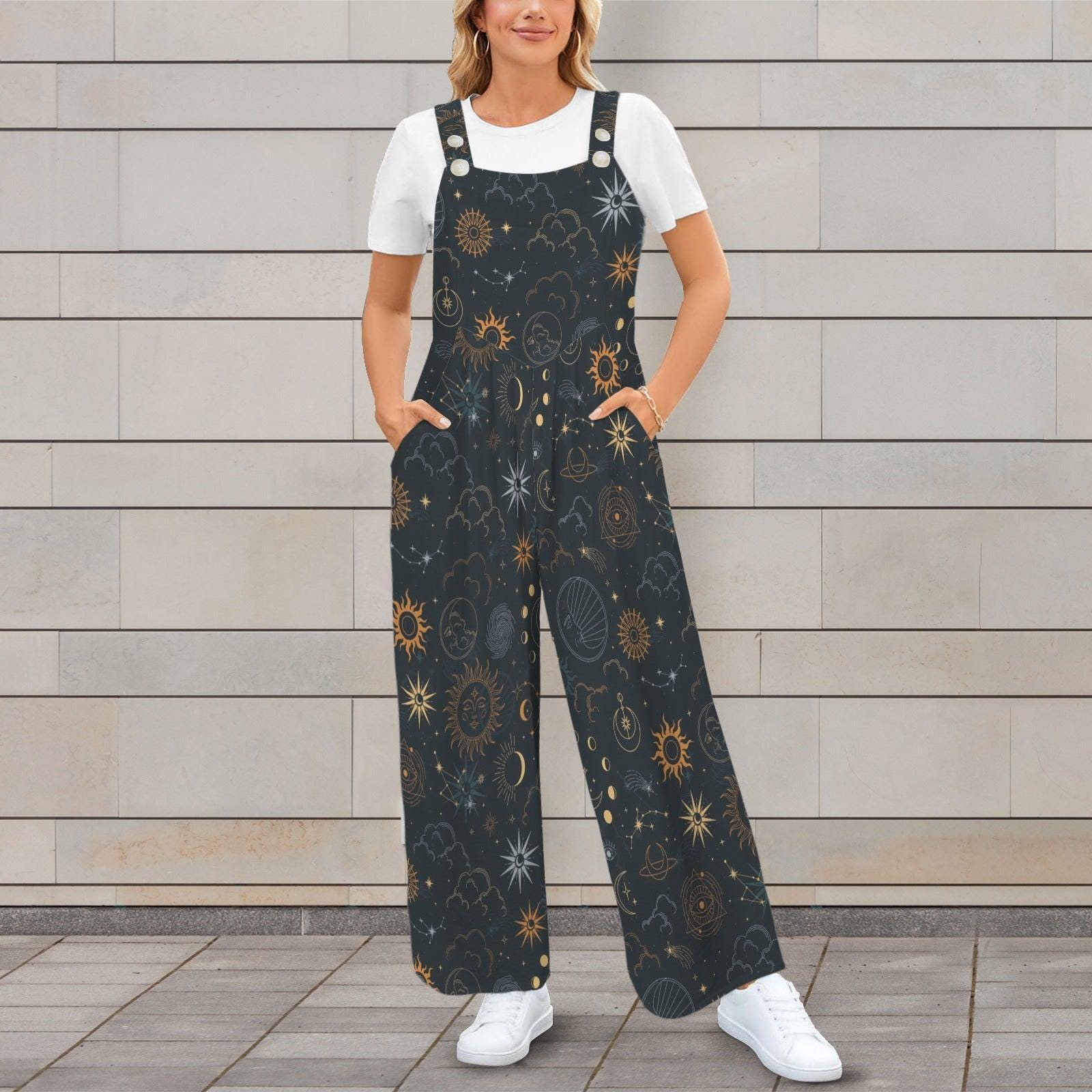 Celestial Wide Leg Jumpsuit, Black Moon Sun Astrology Print Overalls