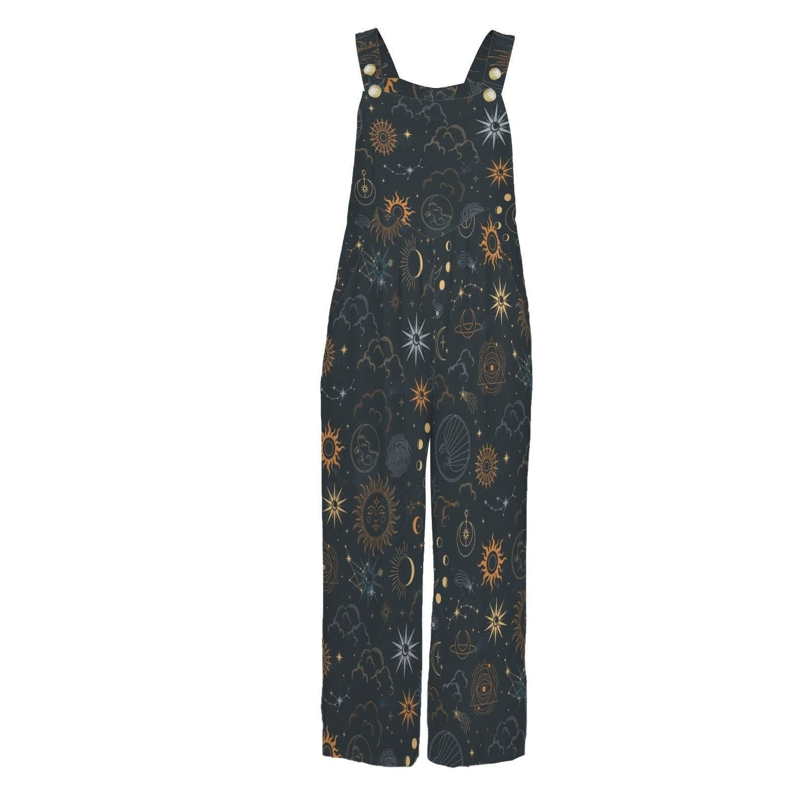 Celestial Wide Leg Jumpsuit, Black Moon Sun Astrology Print Overalls