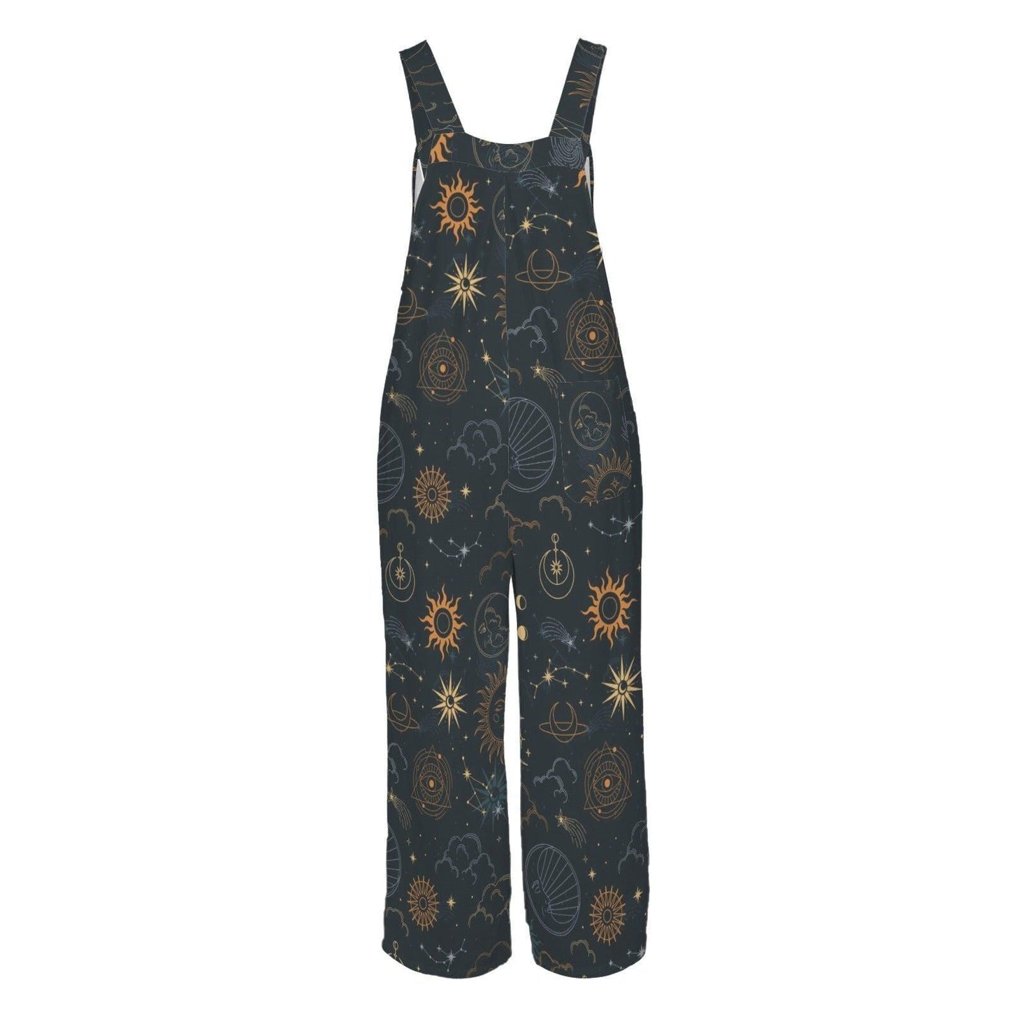 Celestial Wide Leg Jumpsuit, Black Moon Sun Astrology Print Overalls
