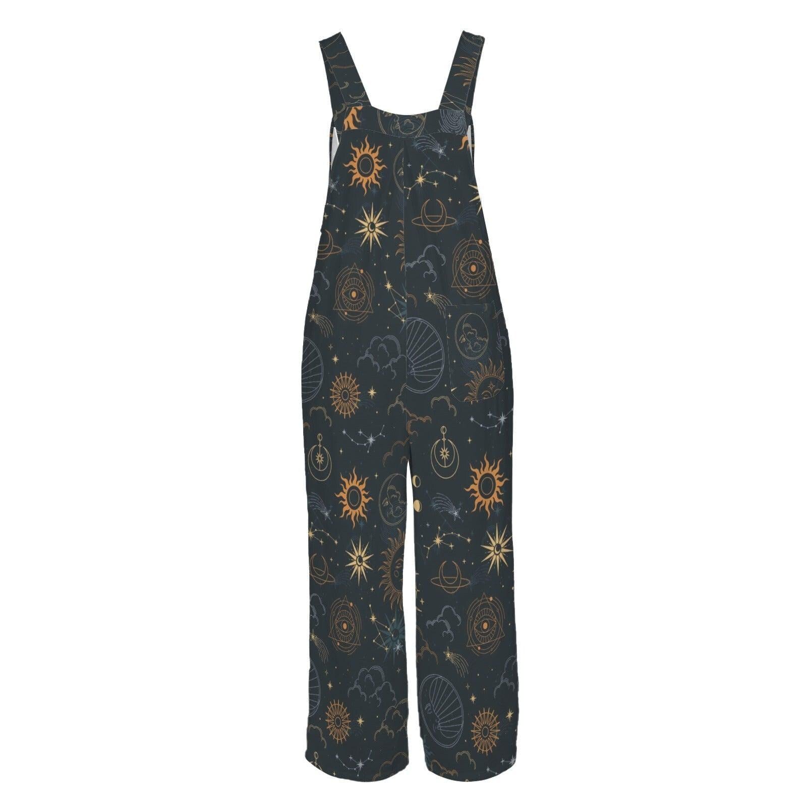 Celestial Wide Leg Jumpsuit, Black Moon Sun Astrology Print Overalls