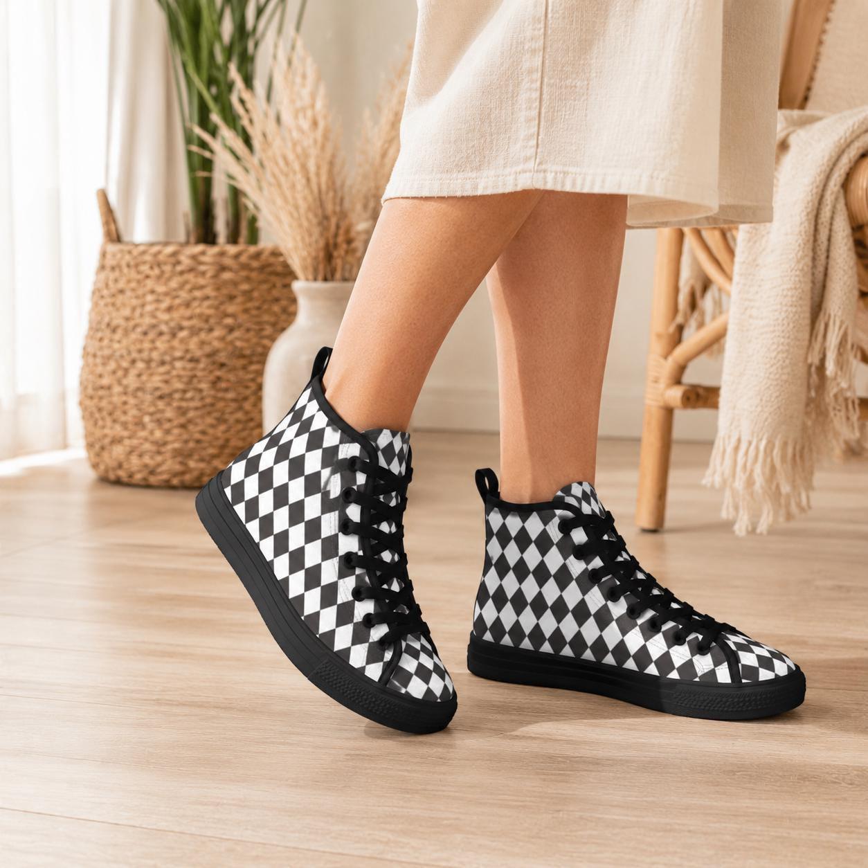 Black White Checkered High Top Canvas Sneakers, Skater Streetwear Lace Up Shoes