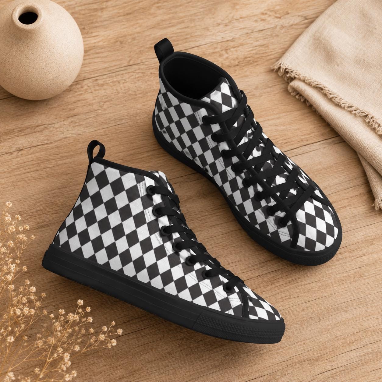 Black White Checkered High Top Canvas Sneakers, Skater Streetwear Lace Up Shoes