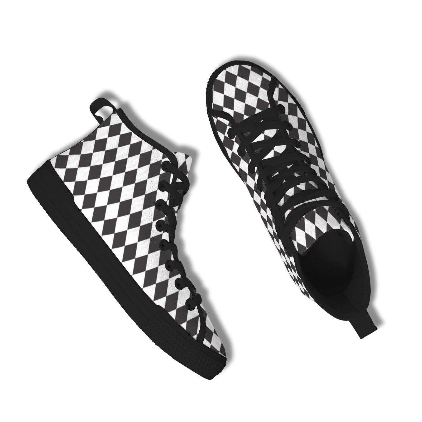 Black White Checkered High Top Canvas Sneakers, Skater Streetwear Lace Up Shoes