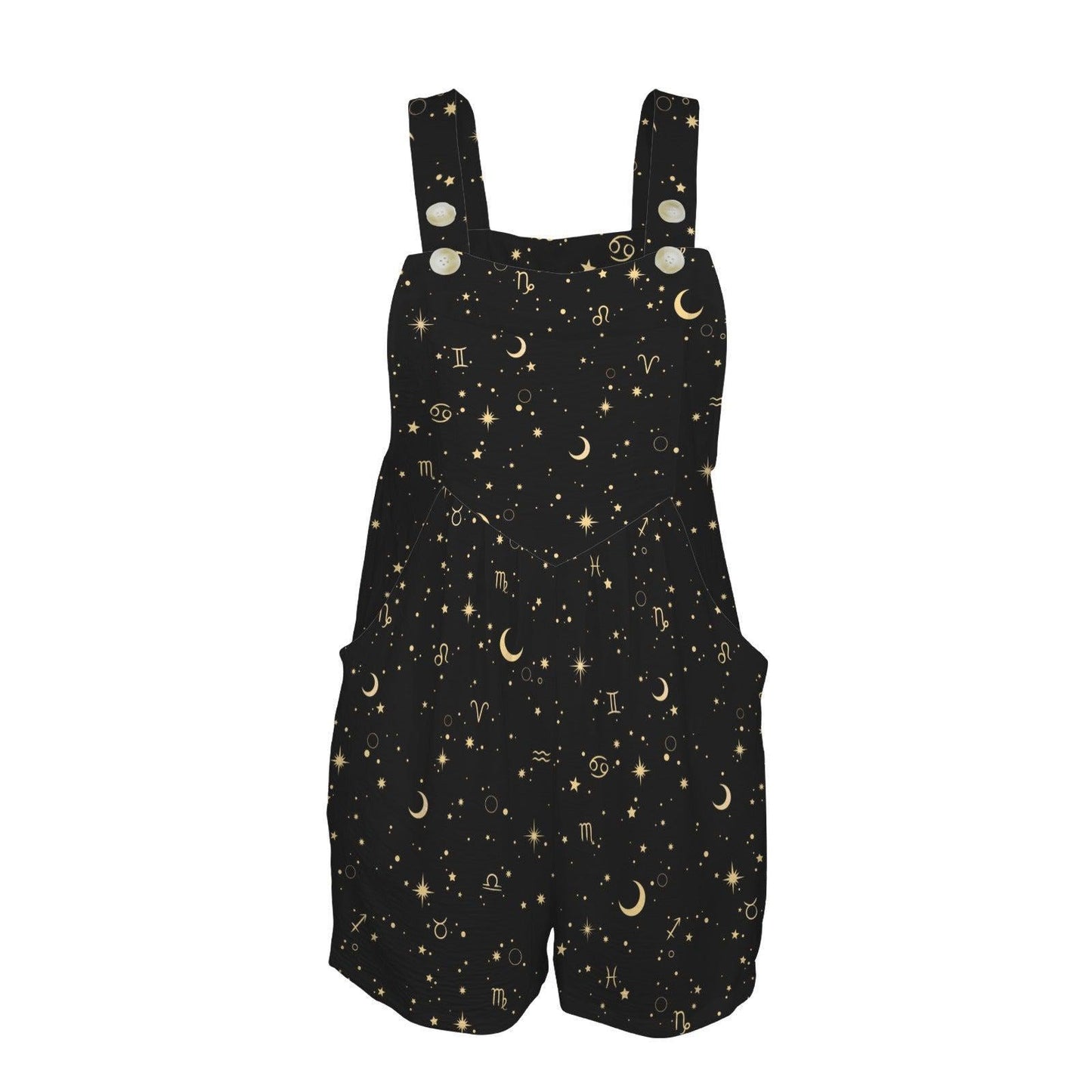 Celestial Overall Romper, Zodiac Print Shortalls, Moon Star Playsuit, Black Button Strap Summer Romper
