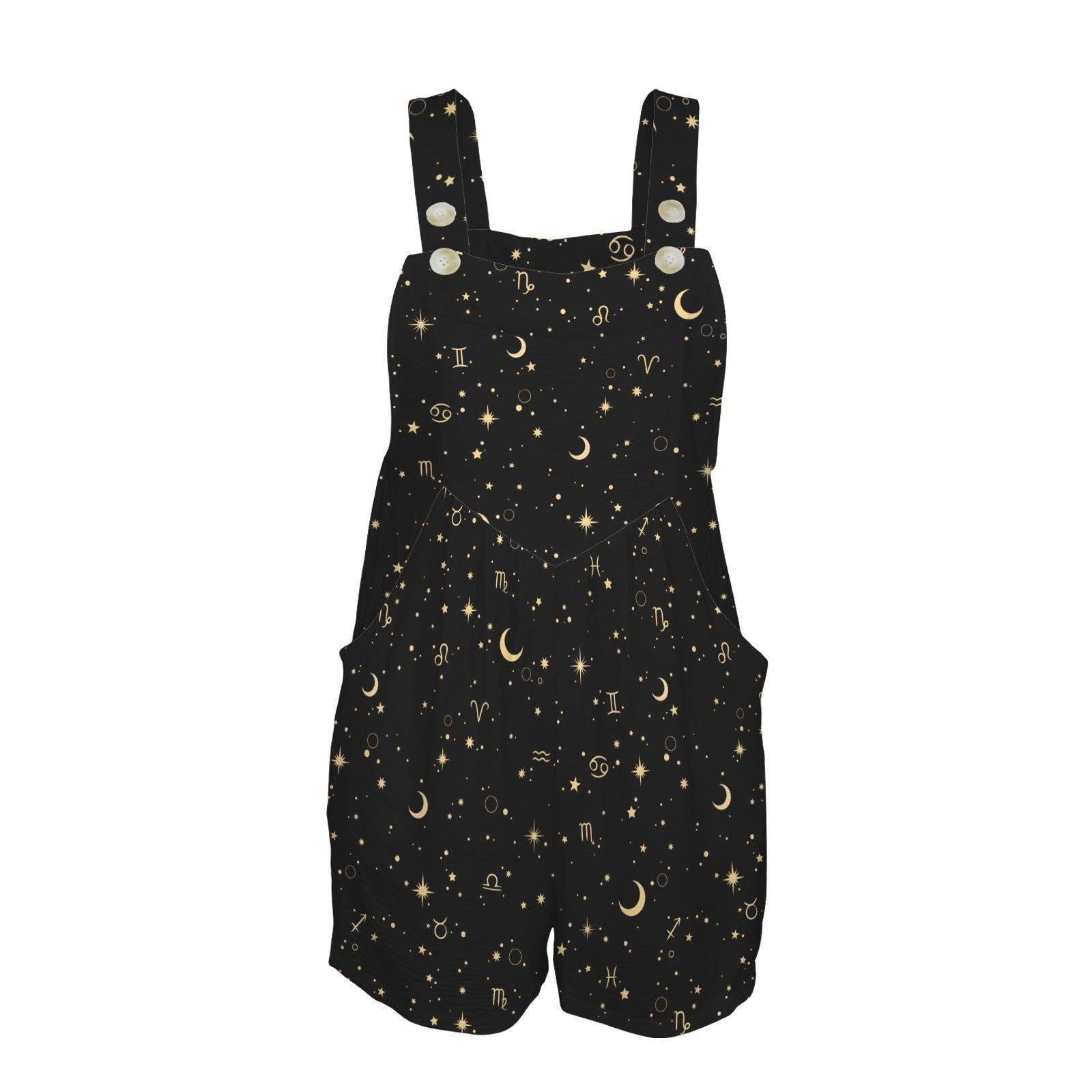 Celestial Overall Romper, Zodiac Print Shortalls, Moon Star Playsuit, Black Button Strap Summer Romper