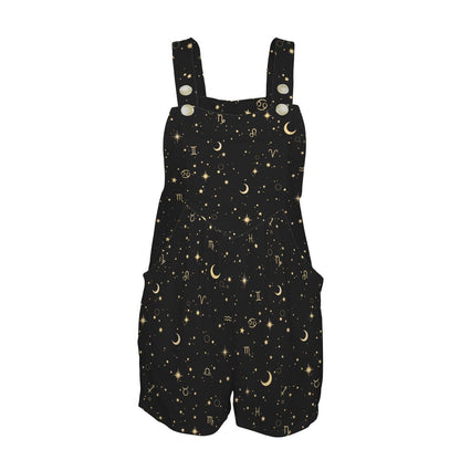 Celestial Overall Romper, Zodiac Print Shortalls, Moon Star Playsuit, Black Button Strap Summer Romper