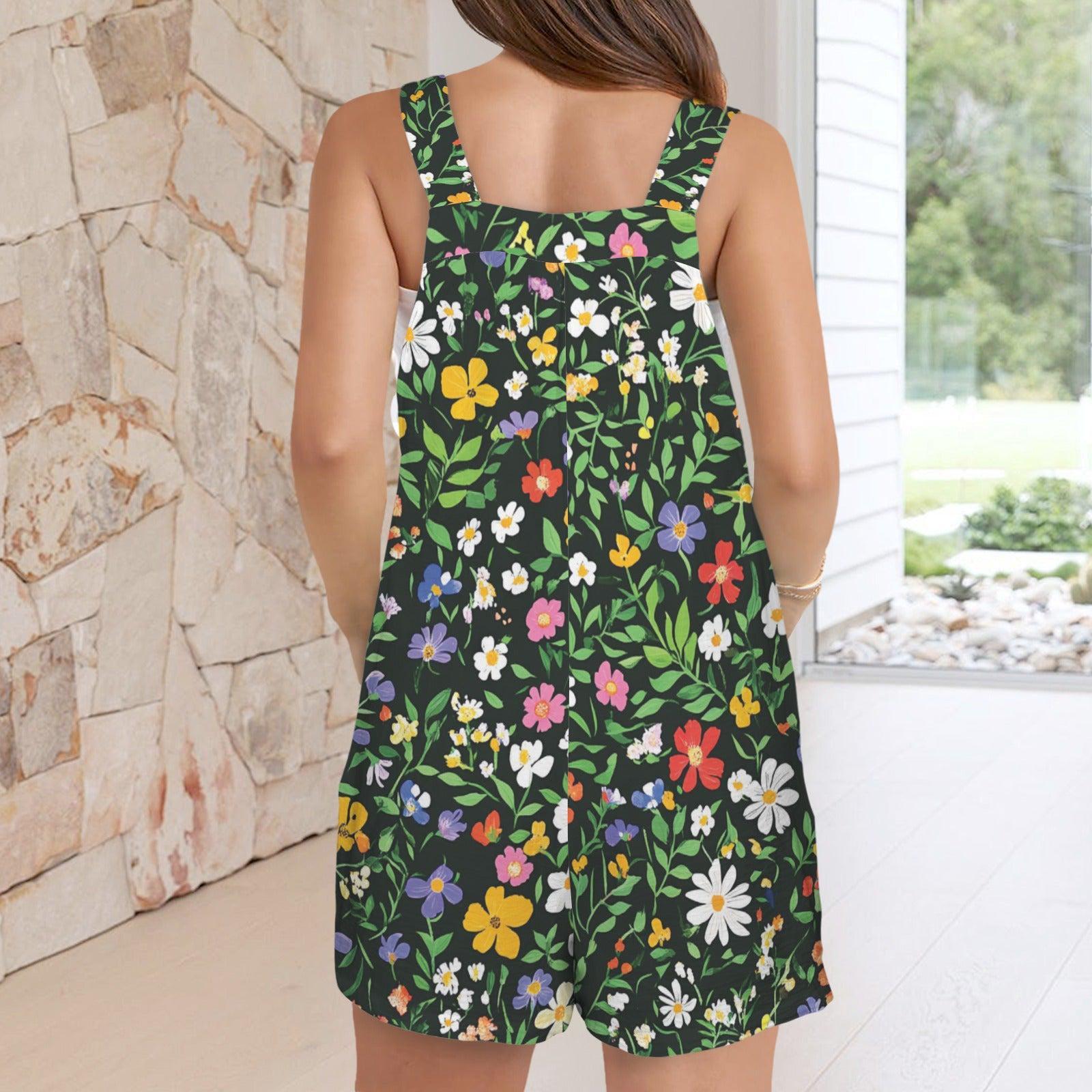 Wildflower Overall Romper, Cottage Garden Floral Shortalls, Button Strap Summer Playsuit