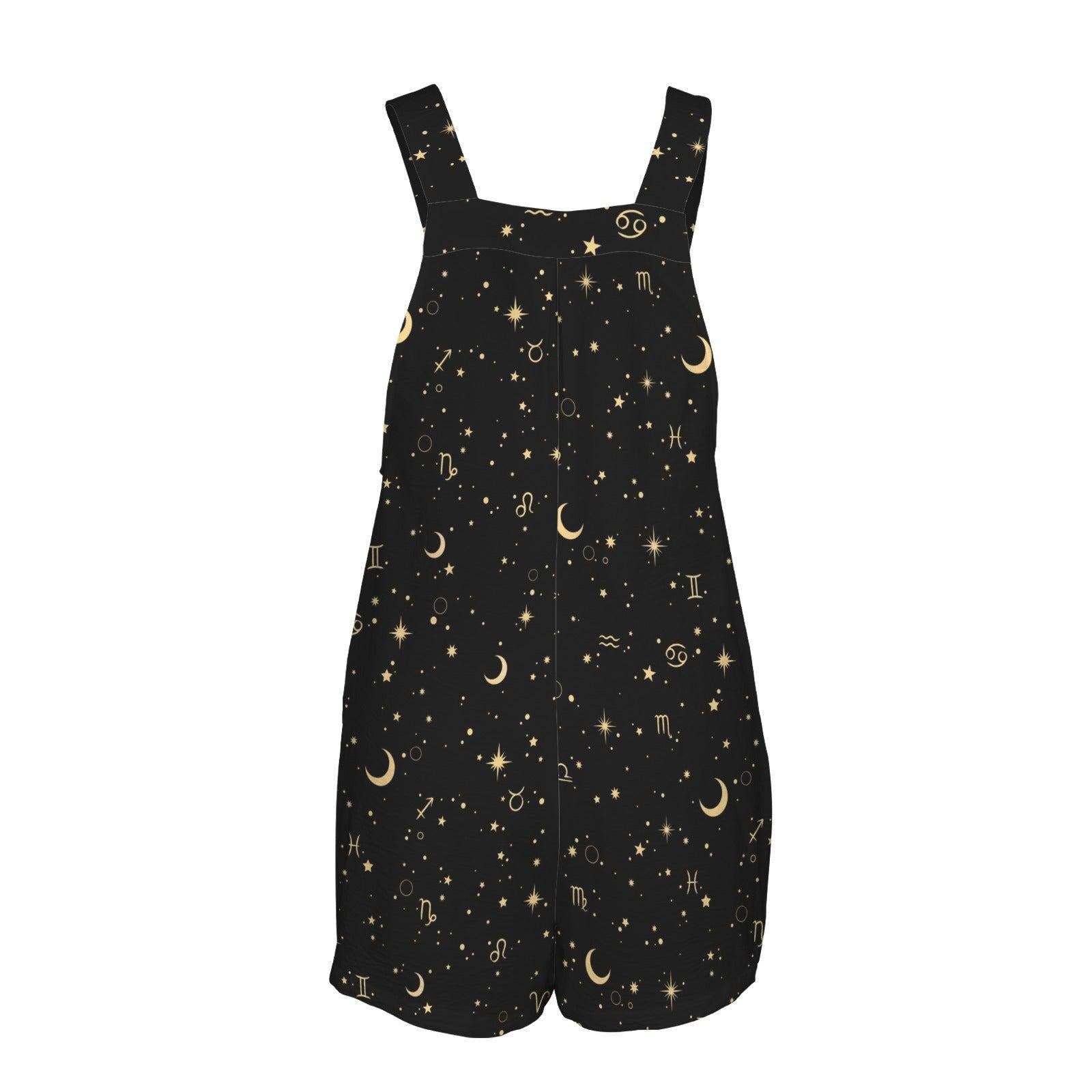 Celestial Overall Romper, Zodiac Print Shortalls, Moon Star Playsuit, Black Button Strap Summer Romper