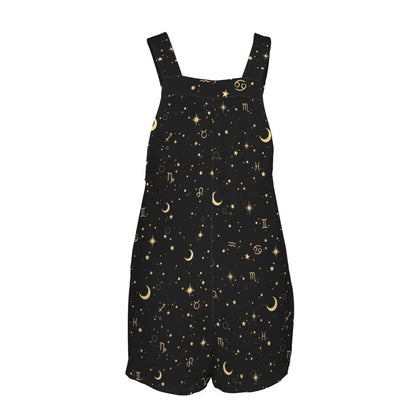 Celestial Overall Romper, Zodiac Print Shortalls, Moon Star Playsuit, Black Button Strap Summer Romper