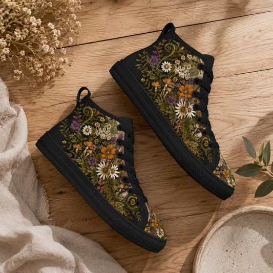 Cottagecore Wildflower Canvas High Top Sneakers, Pressed Floral Garden Print Shoes