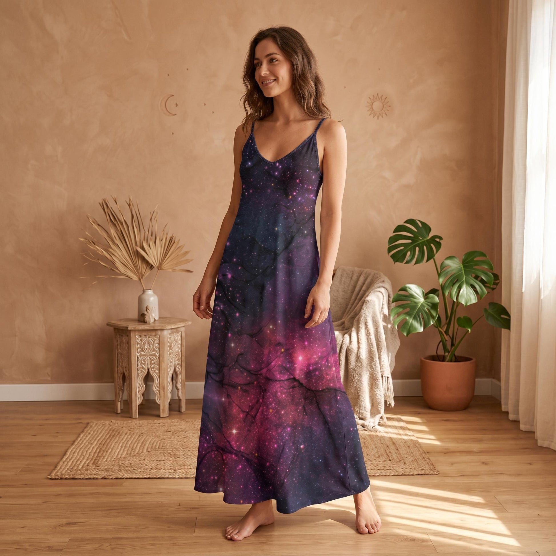 Purple Nebula Maxi Dress, Cosmic Starfield Festival Outfit, Spacecore Summer Sundress