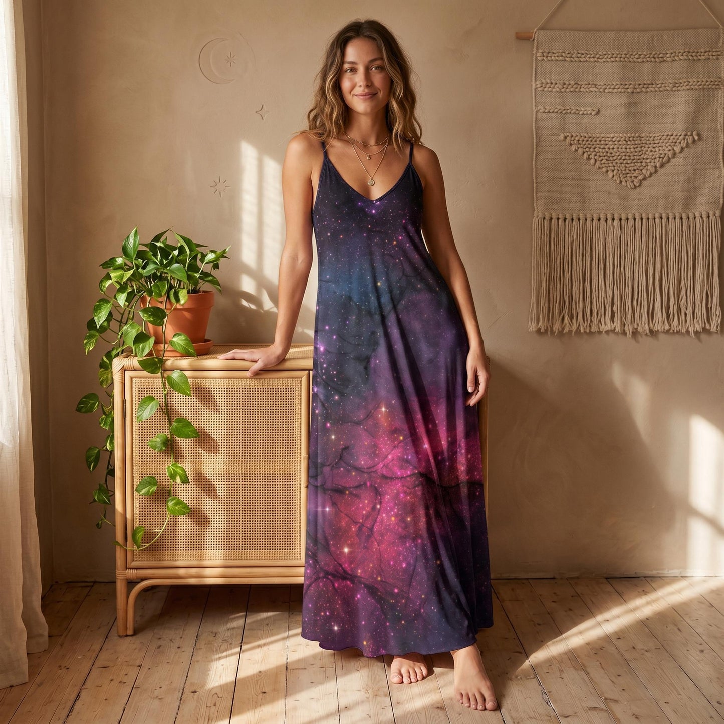 Purple Nebula Maxi Dress, Cosmic Starfield Festival Outfit, Spacecore Summer Sundress