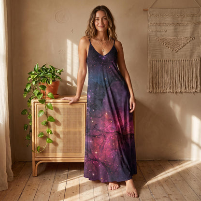 Purple Nebula Maxi Dress, Cosmic Starfield Festival Outfit, Spacecore Summer Sundress