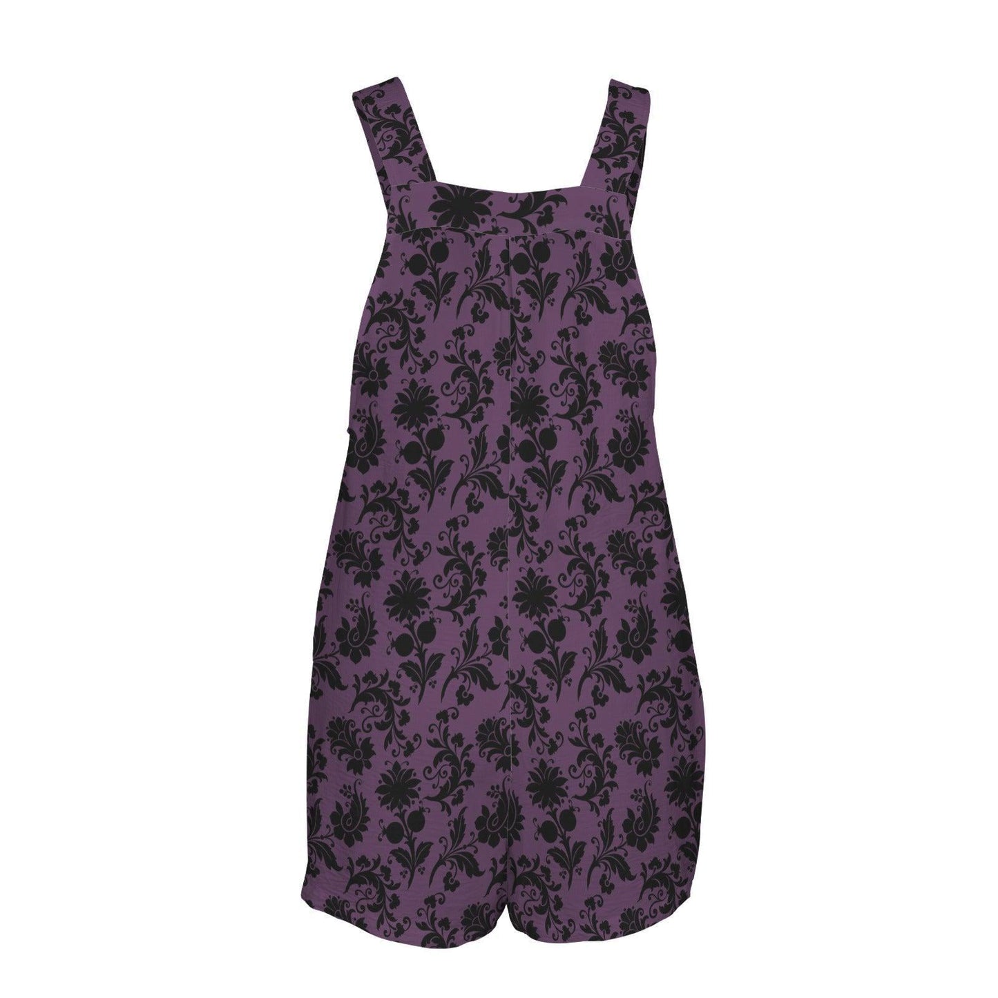 Gothic Damask Overall Romper, Purple Black Floral Short Jumpsuit with Pockets