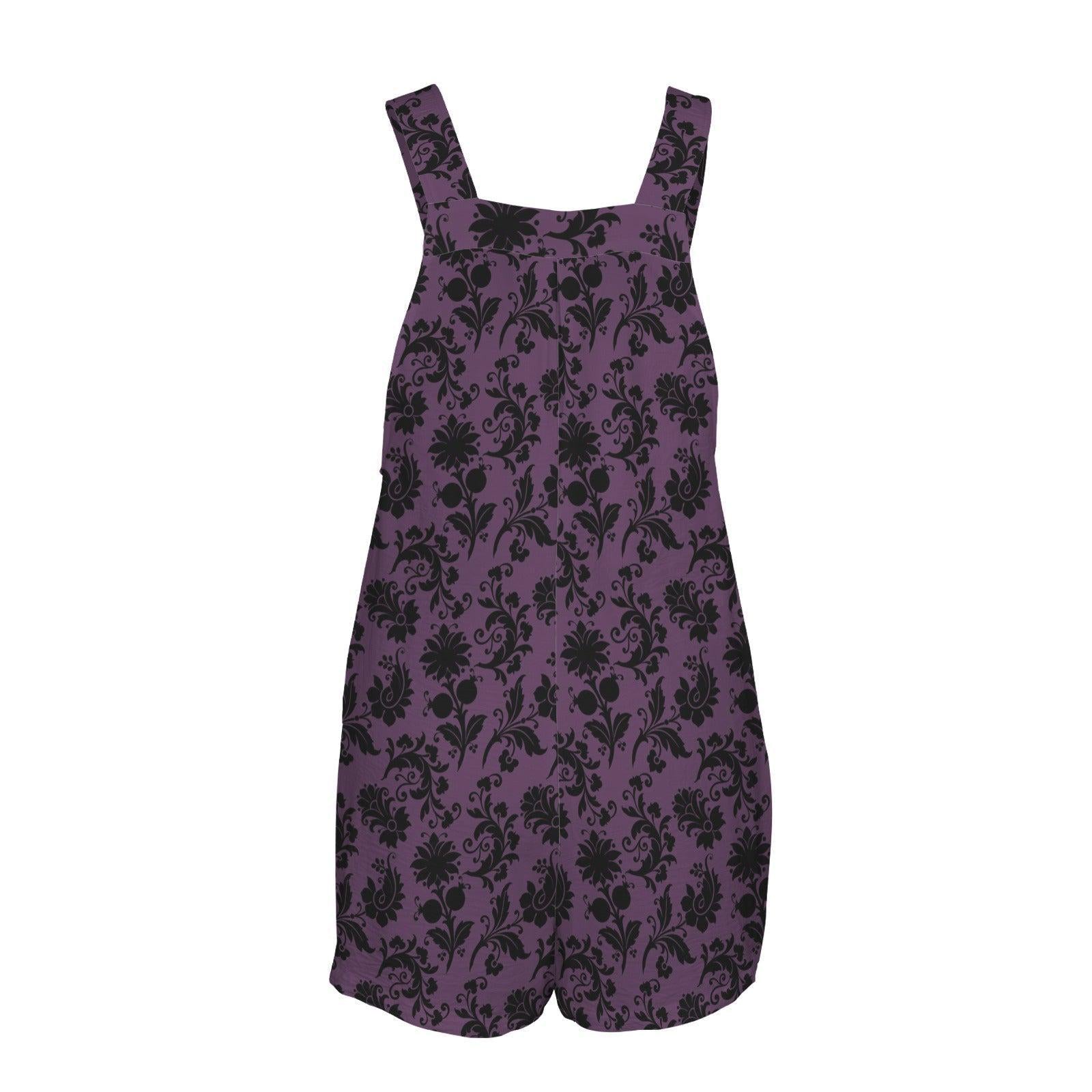 Gothic Damask Overall Romper, Purple Black Floral Short Jumpsuit with Pockets