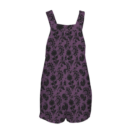 Gothic Damask Overall Romper, Purple Black Floral Short Jumpsuit with Pockets