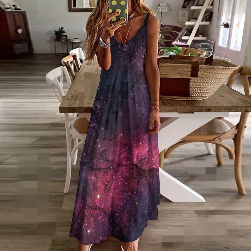 Purple Nebula Maxi Dress, Cosmic Starfield Festival Outfit, Spacecore Summer Sundress