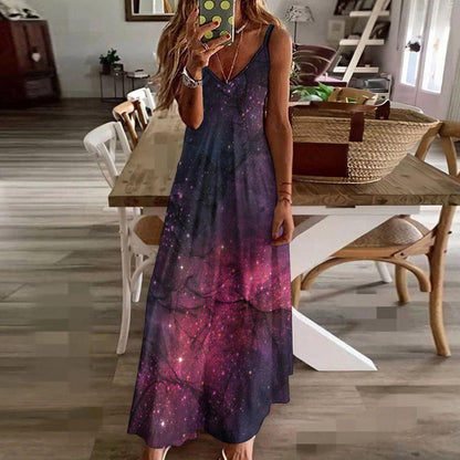 Purple Nebula Maxi Dress, Cosmic Starfield Festival Outfit, Spacecore Summer Sundress