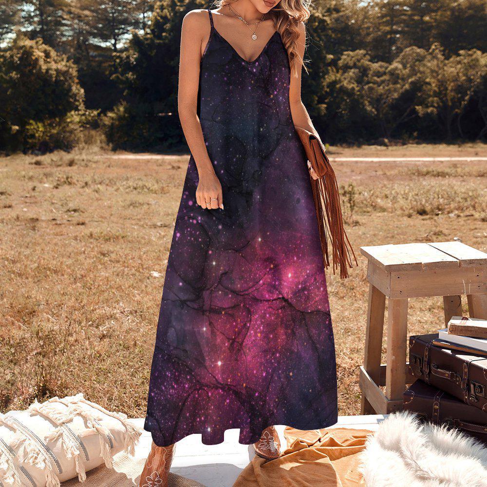 Purple Nebula Maxi Dress, Cosmic Starfield Festival Outfit, Spacecore Summer Sundress