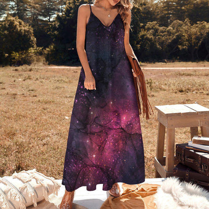 Purple Nebula Maxi Dress, Cosmic Starfield Festival Outfit, Spacecore Summer Sundress