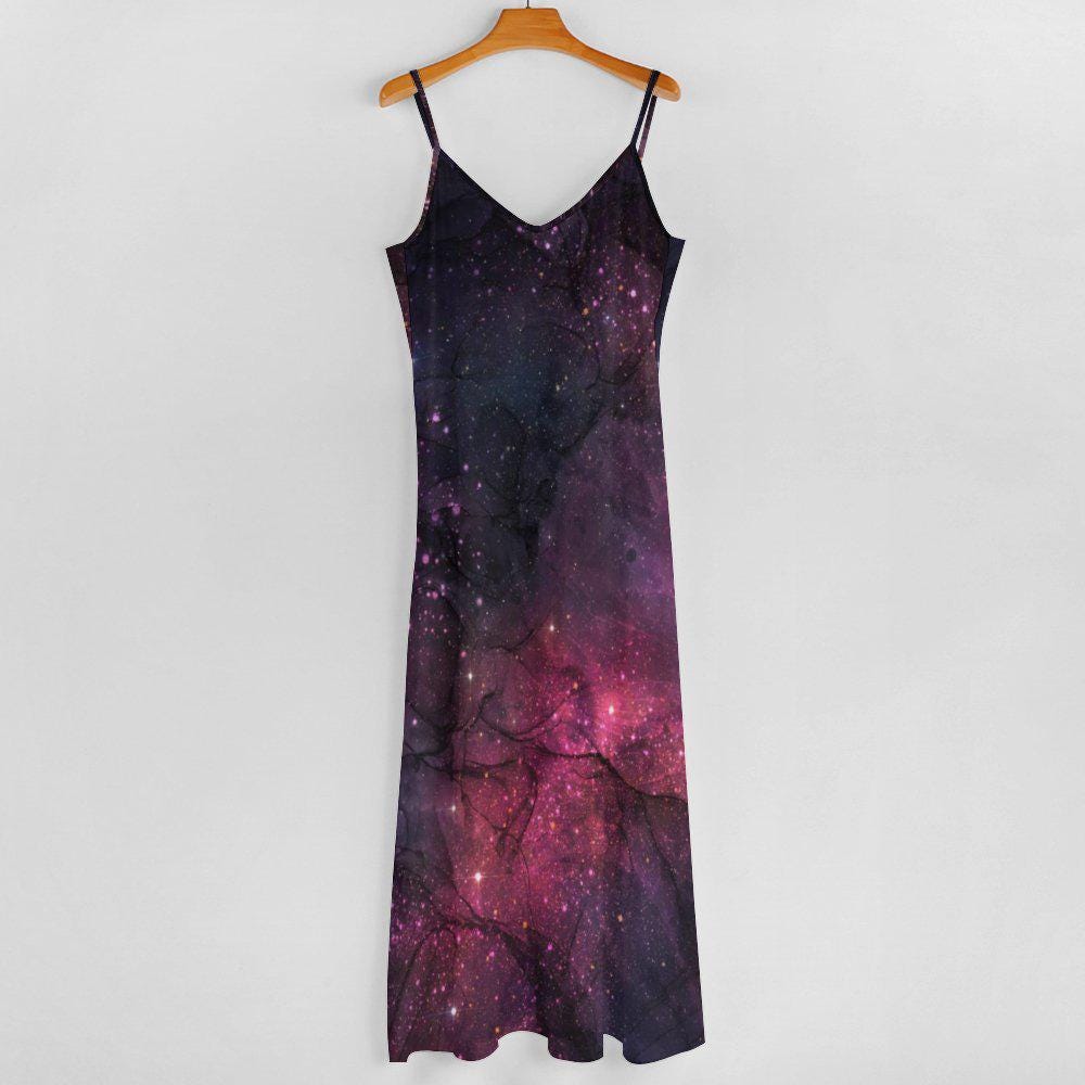 Purple Nebula Maxi Dress, Cosmic Starfield Festival Outfit, Spacecore Summer Sundress