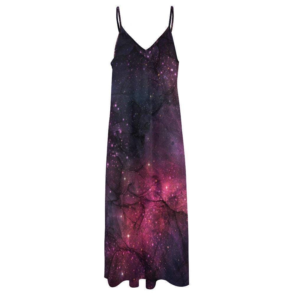 Purple Nebula Maxi Dress, Cosmic Starfield Festival Outfit, Spacecore Summer Sundress